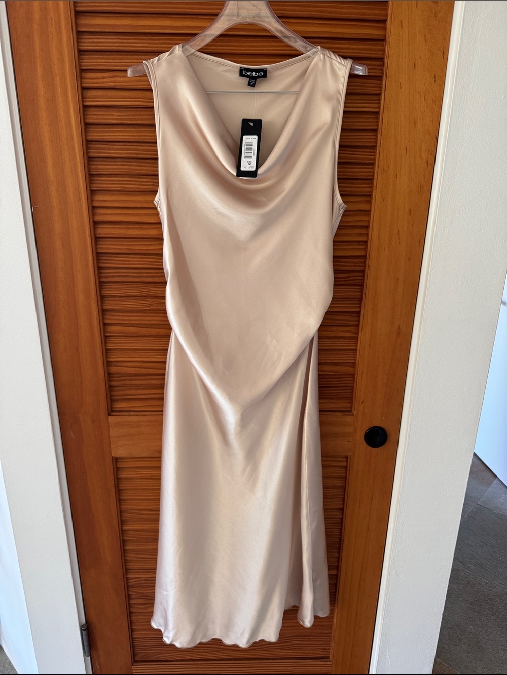 BEBE Satin Cowl Midi Dress in Champagne Nude